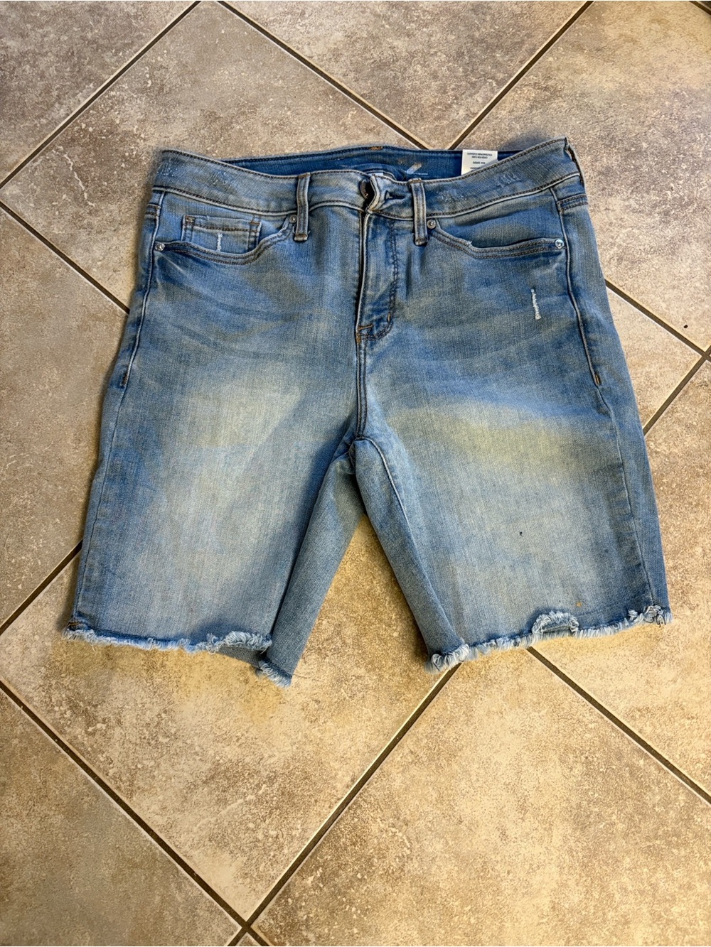 Seven7 Faded Light Blue Frayed Hem Denim Bermuda Shorts